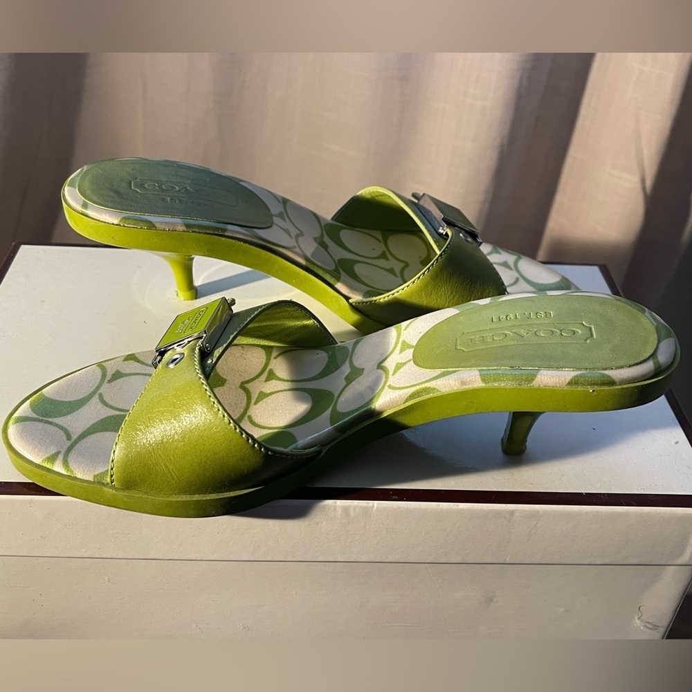 Vintage Coach Calf Leather Lime Green Kitten Heel Sandals - Picture 4 of 10